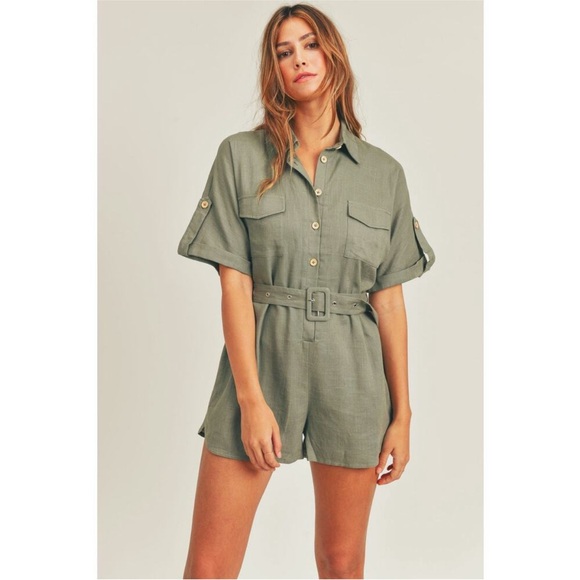 Mable linen army green romper with belt - Picture 1 of 6